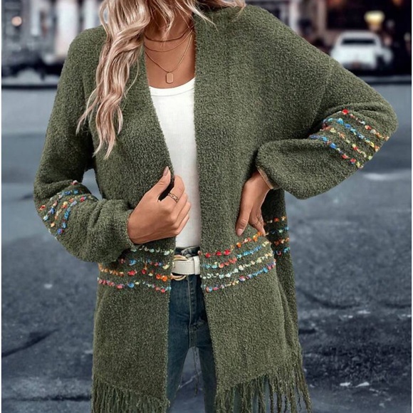 New open front green boho cardigan sweater - Picture 2 of 6